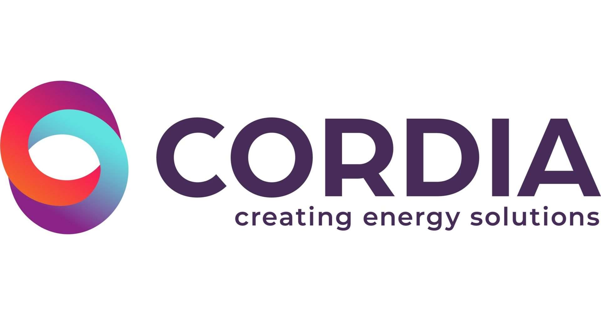 Abstract multicolored circular symbol with wordmark “CORDIA” in purple and tagline “creating energy solutions.”