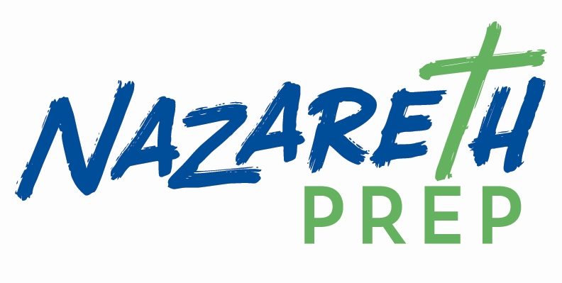 Blue and green brushstroke-style text reading “Nazareth Prep,” with a green cross incorporated into the “T.”