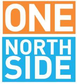 Bold orange and blue square blocks with the words “ONE” (orange) and “NORTH SIDE” (blue) in white capital letters.
