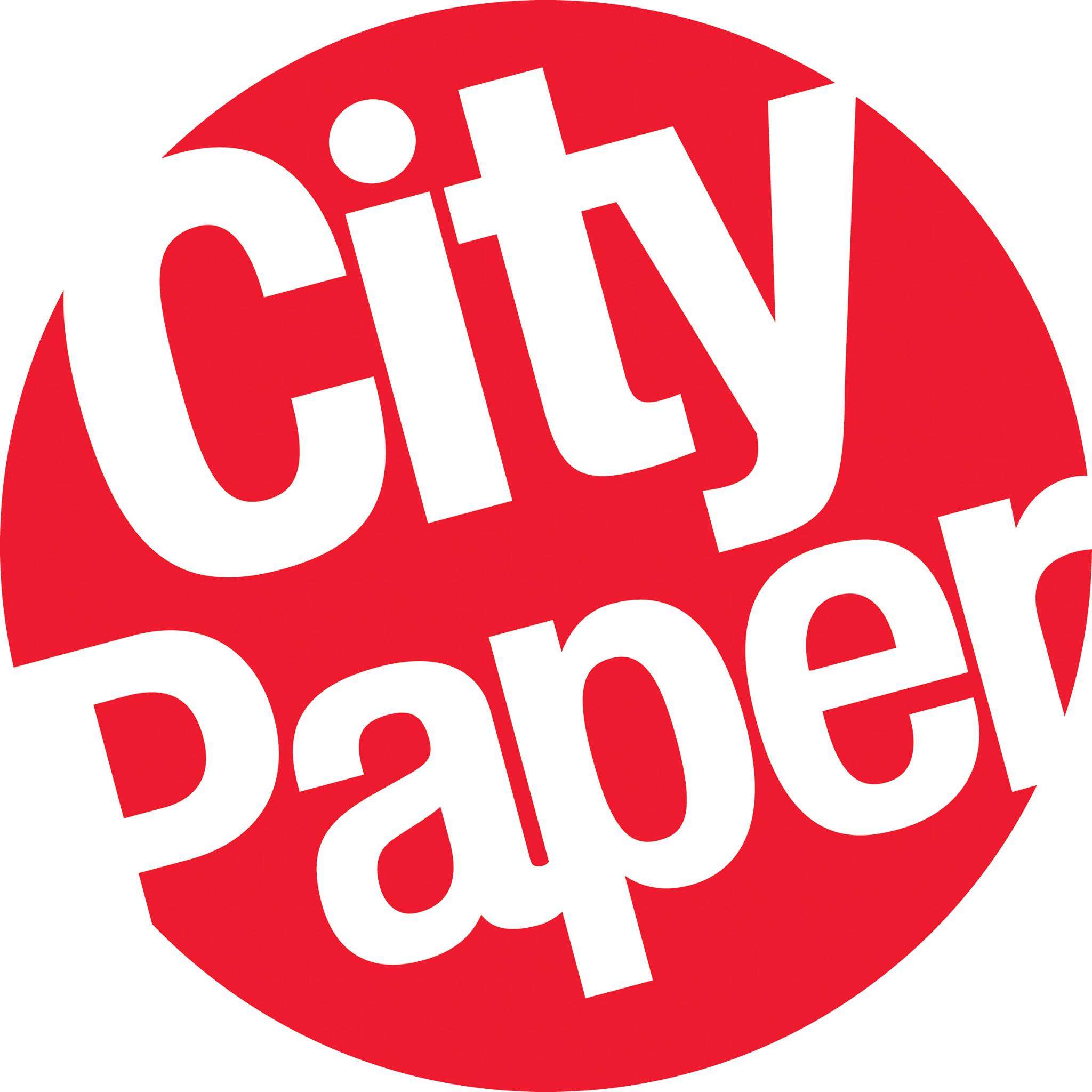 Bold white text “City Paper” in a tilted layout inside a solid red circle.