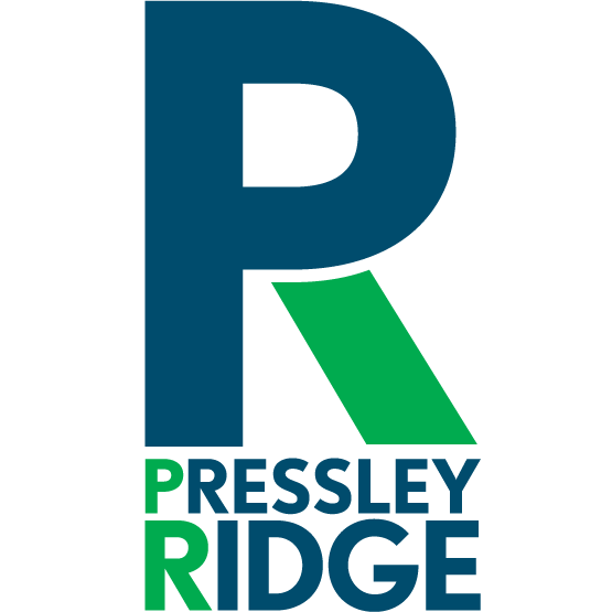 Large blue and green stylized letter “P R” with the words “Pressley Ridge” below in blue and green.