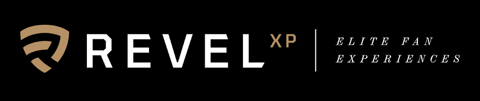 Gold and white shield-like emblem with text “Revel XP” in bold white and gold letters, tagline “Elite Fan Experiences” in italic serif font on a black background.
