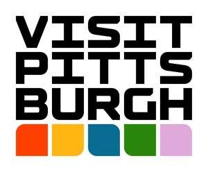Black text “VISIT PITTSBURGH” stacked above five colorful rectangular blocks in orange, red, blue, green, and purple.