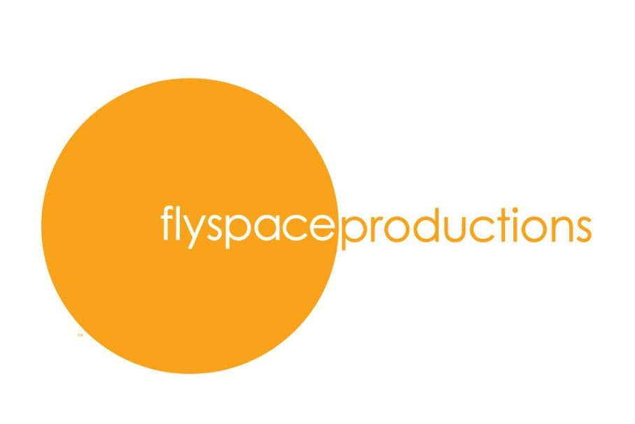 Large orange circle with lowercase text “flyspaceproductions” in white and orange.