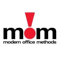 Black lowercase “mom” with a red exclamation point above the “o” and tagline “modern office methods.”
