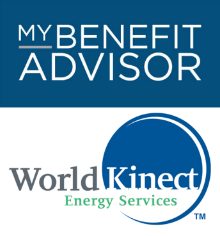 Split design: top half blue with white text “My Benefit Advisor,” bottom half white with blue circular graphic and text “World Kinect Energy Services.”